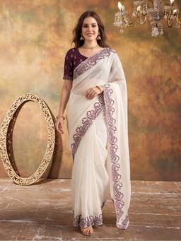 Jaipur Kurti - White Designer Crunchy Silk Embroidery Pallu Work Saree
