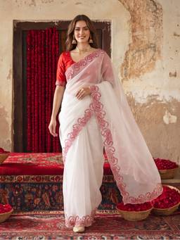 Jaipur Kurti - White Designer Crunchy Silk Embroidery Pallu Work Saree
