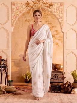 Jaipur Kurti - White Embroidered Work Silk Saree