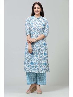 Cotton Culture - Off White and Sky Blue Cotton Floral Printed Kurta and Pant (Set of 2)