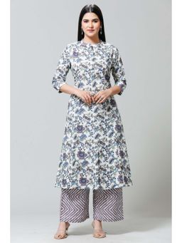 Cotton Culture - Off White and Purple Jaipuri Cotton A-Line Printed Kurta and Pant (Set of 2)