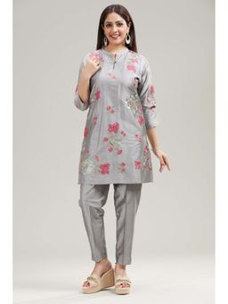 Cotton Culture - Grey PolySilk Straight Embroidered Co-Ord (Set of 2)
