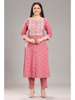 Cotton Culture - Peach Cotton Straight Embroidered Kurta and Pant (Set of 2)