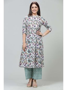Cotton Culture - Off White and Green Jaipuri Cotton A-Line Printed Kurta and Pant (Set of 2)