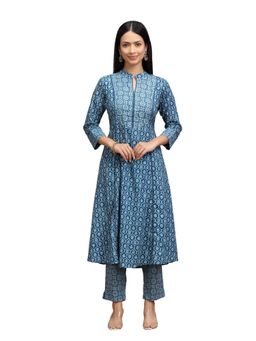 Cotton Culture - Sky Blue Cotton Floral Printed A-Line Kurta and Pant (Set of 2)