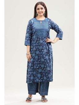 Cotton Culture - Navy Blue Jaipuri Cotton Straight Printed Kurta and Pant (Set of 2)