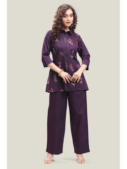 Cotton Culture - Dark Purple Slub Cotton Straight Embroidered Co-Ord (Set of 2)