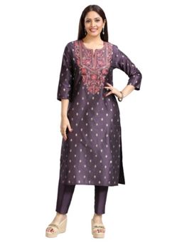 Cotton Culture - Dark Purple PolySilk Straight Embroidered Kurta and Pant (Set of 2)