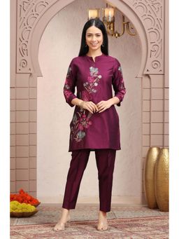 Cotton Culture - Purple PolySilk Straight Embroidered Co-Ord (Set of 2)