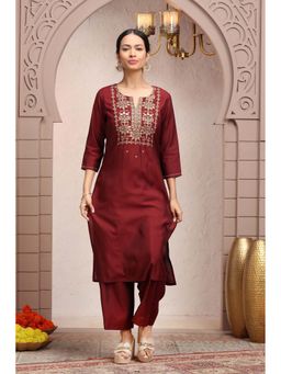 Cotton Culture - Maroon Roman Silk Embroidered Straight Kurta and Pant (Set of 2)