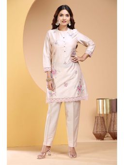 Cotton Culture - Cream PolySilk Straight Embroidered Co-Ord (Set of 2)