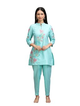 Cotton Culture - Firozi PolySilk Straight Embroidered Co-Ord (Set of 2)