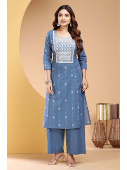 Cotton Culture - Light Blue Handloom Cotton Straight Embroidered Kurta and Pant (Set of 2)