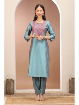 Cotton Culture - Turquoise PolySilk Embroidered Straight Kurta and Pant (Set of 2)