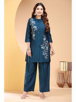 Cotton Culture - Teal PolySilk Straight Embroidered Co-Ord (Set of 2)