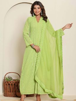 HOUSE OF JAMOTI - Shamrock Green Anarkali Kurta and Pant with Dupatta (Set of 3)