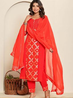 HOUSE OF JAMOTI - Canna Red Kurta and Pant with Dupatta (Set of 3)