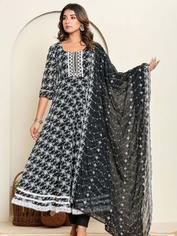 HOUSE OF JAMOTI - Dotted Black Anarkali Kurta and Pant with Dupatta (Set of 3)