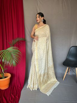 EXCLUSIVA - Off White Woven Banarasi Saree with Unstitched Blouse