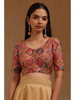 Soch - Womens Pink Satin Ethnic Motif Padded Stitched Blouse with Sequins