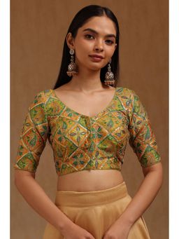 Soch - Womens Olive Satin Ethnic Motif Padded Stitched Blouse with Sequins
