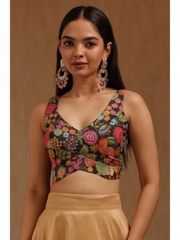 Soch - Womens Olive Satin Floral Print Padded Stitched Blouse with Unstitched Sleeves