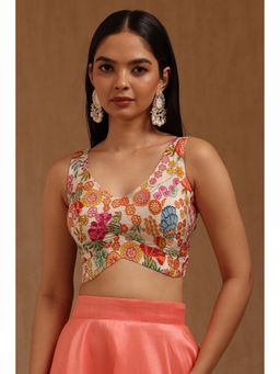Soch - Womens Off White Satin Floral Print Padded Stitched Blouse with Unstitched Sleeves