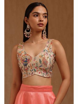 Soch - Womens Cream Poly Silk Botanical Print Padded Stitched Blouse with Unstitched Sleeves