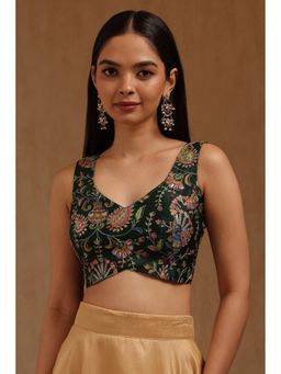 Soch - Womens Green Poly Silk Botanical Print Padded Stitched Blouse with Unstitched Sleeves