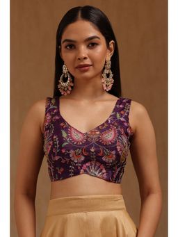 Soch - Womens Purple Poly Silk Botanical Print Padded Stitched Blouse with Unstitched Sleeves