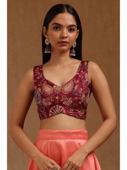 Soch - Womens Pink Poly Silk Botanical Print Padded Stitched Blouse with Unstitched Sleeves