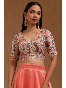 Soch - Womens Cream Poly Silk Ethnic Motif Padded Stitched Blouse with Zari