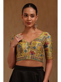 Soch - Womens Yellow Poly Silk Ethnic Motif Padded Stitched Blouse with Zari