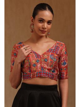 Soch - Womens Orange Poly Silk Ethnic Motif Padded Stitched Blouse with Zari