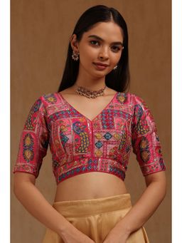 Soch - Womens Pink Poly Silk Ethnic Motif Padded Stitched Blouse with Zari