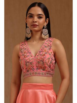 Soch - Womens Pink Crepe Embroidered Padded Stitched Blouse with Unstitched Sleeves