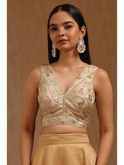 Soch - Womens Light Cream Tissue Embroidered Padded Stitched Blouse with Unstitched Sleeves