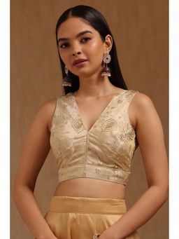 Soch - Womens Light Cream Tissue Embroidered Padded Stitched Blouse with Unstitched Sleeves