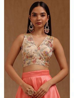 Soch - Womens Light Cream Tissue Embroidered Padded Stitched Blouse with Unstitched Sleeves