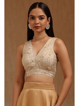 Soch - Womens Light Cream Tissue Embroidered Padded Stitched Blouse with Unstitched Sleeves