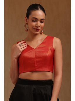 Soch - Womens Deep Red Fendy Tissue Solid Padded Stitched Blouse with Unstitched Sleeves