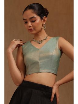 Soch - Womens Sap Green Fendy Tissue Solid Padded Stitched Blouse with Unstitched Sleeves