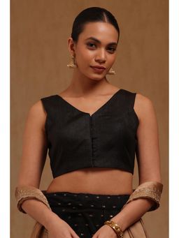 Soch - Womens Black Fendy Tissue Solid Padded Stitched Blouse with Unstitched Sleeves