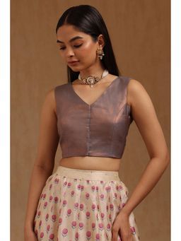 Soch - Womens Grey Fendy Tissue Solid Padded Stitched Blouse with Unstitched Sleeves