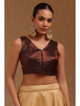 Soch - Womens Brown Fendy Tissue Solid Padded Stitched Blouse with Unstitched Sleeves