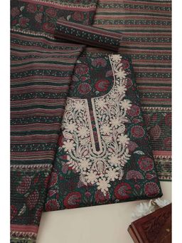 Soch - Womens Green Cotton Floral Embroidered Unstitch Dress Material with Thread Work