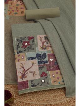 Soch - Womens Green Linen Blend Unstiched Dress Material with Zari