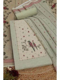 Soch - Womens Olive Linen Blend Embroidered Unstitch Dress Material with Mirror Work