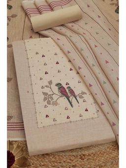 Soch - Womens Cream Linen Blend Embroidered Unstitch Dress Material with Mirror Work