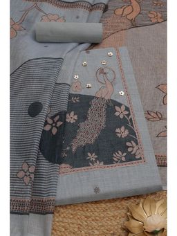 Soch - Womens Grey Kota Embroidered Unstiched Dress Material With Zari